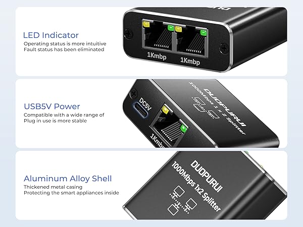 dual ethernet splitter Aluminum alloy shell, LED Indicator, USB5V Power