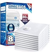 Text reads 'VACUUM STORAGE BAGS' on product packaging. Shows white vacuum storage bags and product box featuring '8' and '80% more space' text.