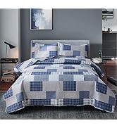 Bedspread Set Queen/Full Size Plaid Quilt Bedding Queen Grey Blue Patchwork Modern Lightweight Qu...