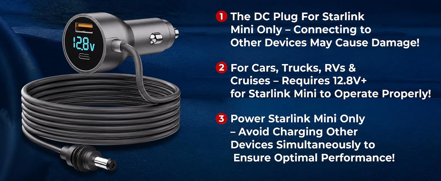 Car cigarette lighter DC plug power adapter with long cable engineered for Starlink Mini only