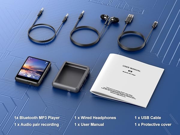 Bluetooth MP3 player set with screen displaying sunset, wired headphones, USB cable, audio pair recording, user manual, and protective cover on blue background with product details.