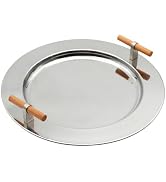 Stainless Steel Serving Tray, Metal Tea Serving Tray Round Home Storage Tray with Wooden Handle S...