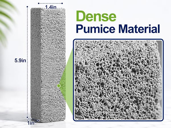 Dense pumice stone cleaning stick with porous texture and size guide.