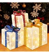 Christmas Decorations Lighted Gift Boxes Set of 3, White Mesh Snowflake Box Decor with LED Lights...