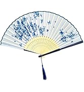 Blue and White Porcelain Folding Hand Fan, Chinese Style Bamboo Silk Fan with Tassel, Vintage Flo...