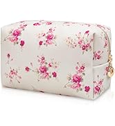 Floral Waterproof Makeup Bag, Leather Cosmetic Bag with Compartments, Zipper Make up Pouch Organi...