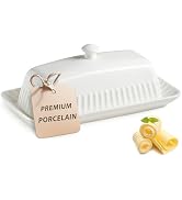YHOJOY Ceramic Butter Dish with Lid, White Butter Holder Container with Porcelain Cover Knob Hand...
