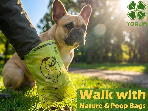 Text reads 'Walk with Nature & Poop Bags'. Brand logo 'YORJA' visible. Images show dog walking scenes in sunlit outdoor settings.