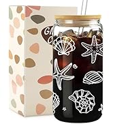 Mikopei Beach Gifts for Women - Ocean Animals Glass Cup with Lid and Straw, Cleaning Brush, Beach...