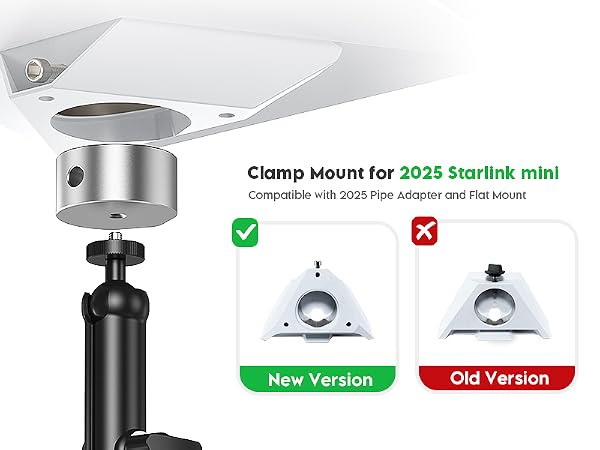 Text reads 'Clamp Mount for 2555 Starlink mini' 'New Version' 'Old Version'. Technical diagram showing mounting hardware components with checkmark and X indicators.