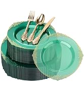 Goodluck 250 PCS Vintage Translucent Green & Gold Rim Plastic Plates with Cutlery Set - Serves 50...