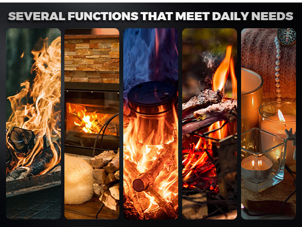 Collage of five fire-related images showing flames in different settings: fireplace, campfire, and candle scenes demonstrating heat applications.