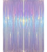 Iridescent Purple Party Streamers Backdrop - 2 Pack 3.31 x 6.6 ft Neon Transparent Holographic Ti...