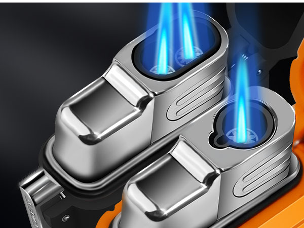 Metallic gray lighter with dual blue flame jets, featuring sleek modern design and sliding mechanism.