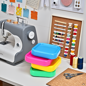 A wooden table with the product neatly arranged alongside colorful spools of thread and fabric swatc