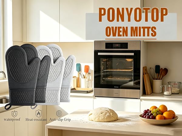 PONYOTOP Premium Oven Mitts Heat Resistant Silicone Gloves for Safe Cooking Baking