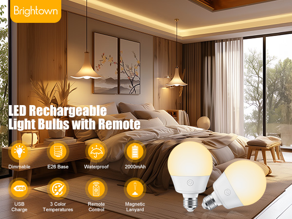 Brightown E26 Rechargeable Light Bulb with Remote