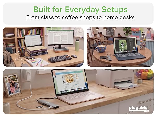 macbook usb c hub shown in class desk cafe and printer setups with laptops