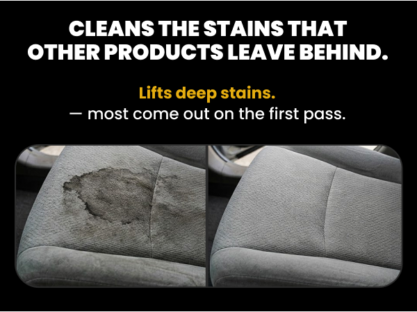 Before and after of a gray cloth seat showing a deep stain lifted from the fabric