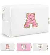 Personalized Makeup Bag Initial A-Z Preppy Patch Bag,Small PU Leather Travel Cosmetic Bag Pouch w...