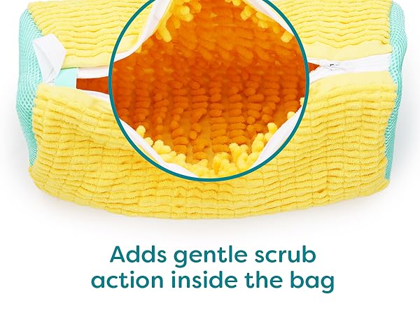 Text reads 'Adds gentle scrub' and 'action inside the bag'. Yellow textured surface with blue circular highlights showing scrubbing motion.