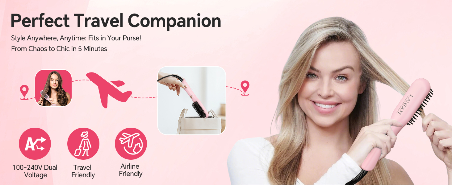 Text reads 'Perfect Travel Companion'. Pink-tinted banner showing product features with icons for waterproof, portable, and other benefits.