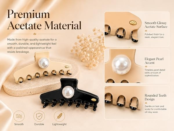 Premium acetate pearl claw clips with smooth glossy finish and rounded teeth