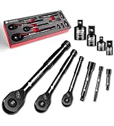 zhax 10-Piece Ratchet Set, 1/4”, 3/8”, 1/2” Drive 90-Tooth Ratchets & Accessories, Quick Release ...