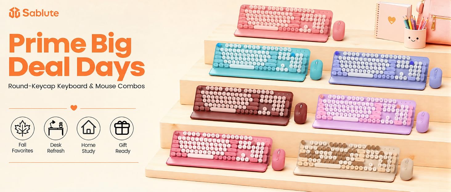 colorful round-keycap wireless keyboard mouse combos displayed on stands for Prime Big Deal Days