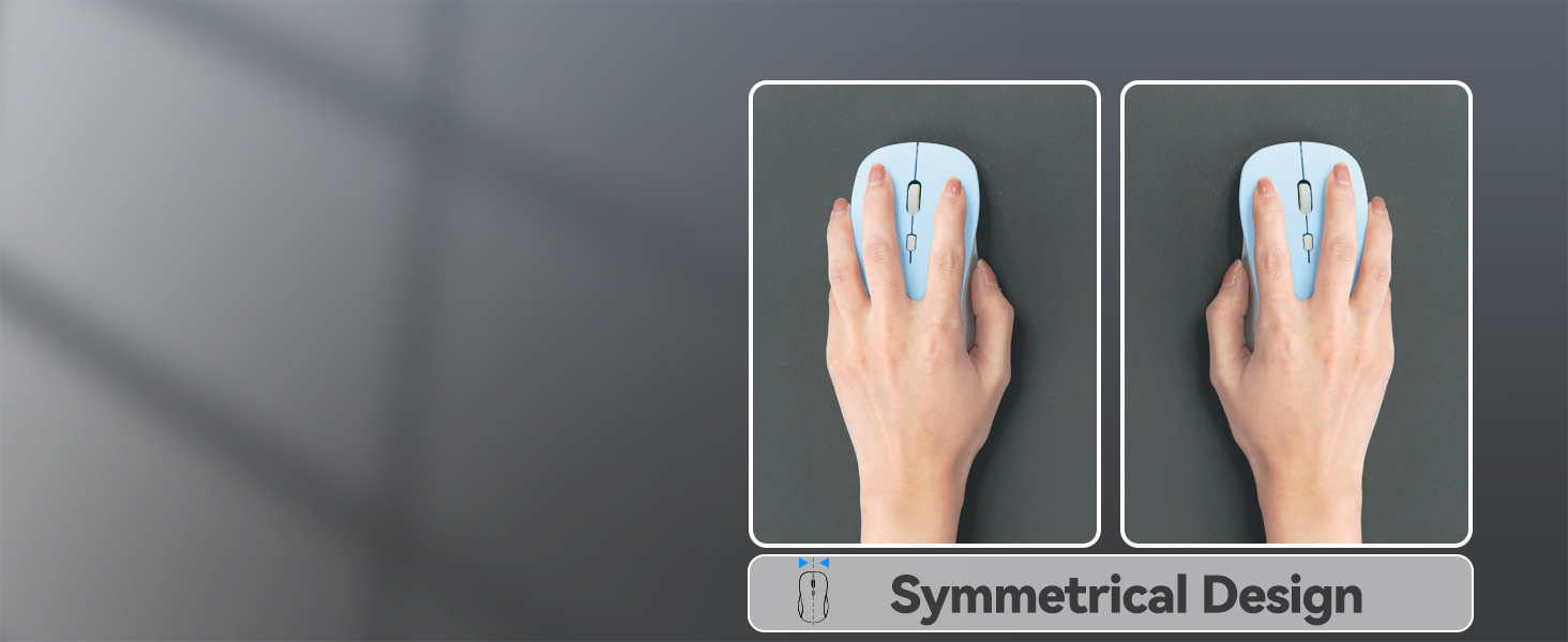 Wireless computer mouse with symmetrical design shown in two use positions. Features a light color scheme with blue accents and appears ergonomically shaped for comfortable use.