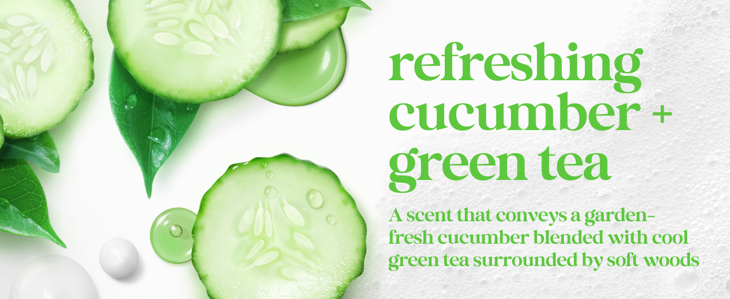 Slices of cucumber with white and green gel on white background with text.