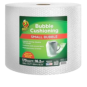 Roll of Duck brand bubble cushioning wrap that is 175 square feet small bubbles