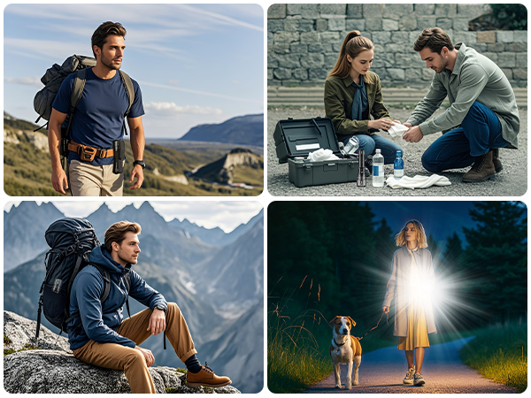 Four-panel image showcasing outdoor gear: person hiking, couple examining map, individual on mountain peak, and nighttime scene with flashlight and dog.