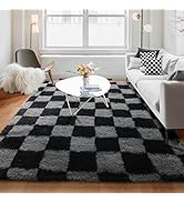 KICMOR Checkered Rugs for Living Room 5x8 Black and Grey, Fluffy Fuzzy Plush Soft Shag Area Rug, ...