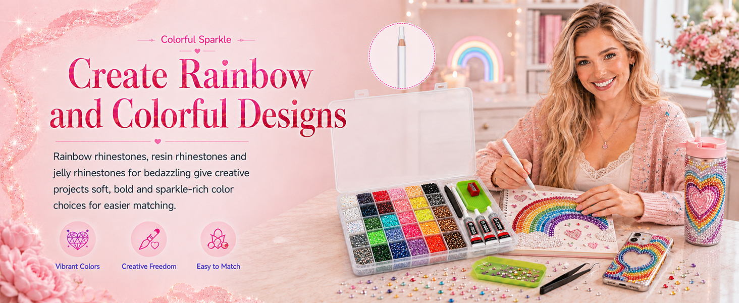 Rainbow rhinestones, resin rhinestones and jelly rhinestones for bedazzling colorful designs