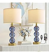 Oneach 25" Blue Table Lamps for Living Room, Glass Modern Table Lamp Set of 2, USB Charging Ports...