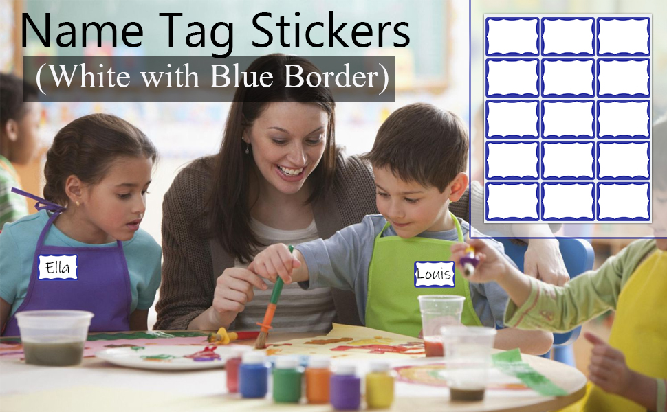 Name Tags, Name Tag Stickers(White with Blue Border)