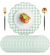 60 Pcs Sage Green Gingham Paper Placemats,13.5 Inch Scalloped Checkered Place Mats Disposable Tab...