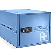 Blue lockbox with combination lock and medical cross symbol. Features 'LOCKBOX' branding and website URL on front.