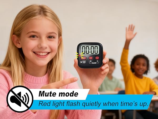 Text reads 'Mute mode' and 'Red light flash quietly when time's up'. Digital timer display being shown in classroom setting.