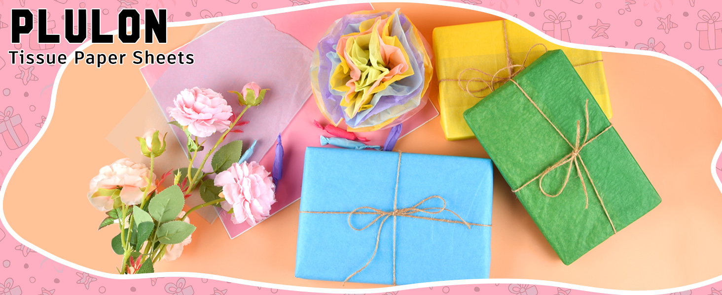 PLULON tissue paper sheets displayed with decorative pink flowers, blue and green wrapped packages with twine on coral background.