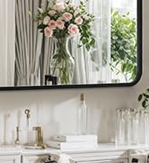 Black Metal Framed Bathroom Mirror,Vanity Mirror for Wall for Over Sink Rounded Rectangle,Large/S...