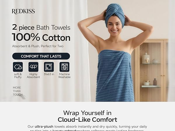 Large Blue Bath Towel Set of 2