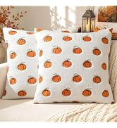MIULEE Fall Pillow Covers 18x18 Bright Orange Pumpkin Fall Decor | White Faux Fur Halloween Cushi...