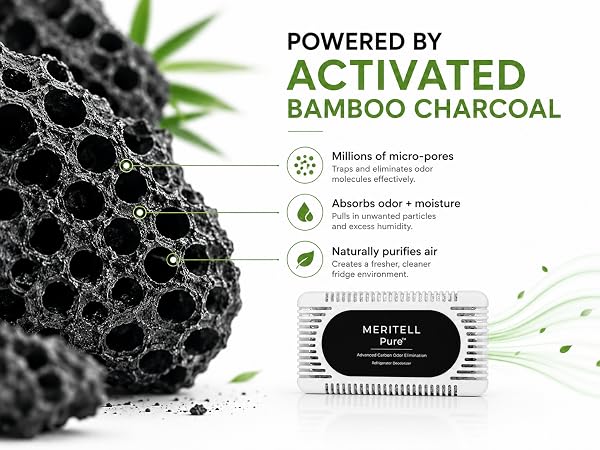 Activated bamboo charcoal infographic showing micro-pore odor absorption