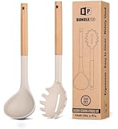 Silicone Pasta Fork and Ladle Spoon Set with Wooden Handle, Heat Resistant Non Stick Kitchen Uten...
