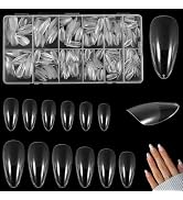 600PCS Almond Nail Tips, Clear Full Cover Fake Nails Medium Almond Gel x Tip Pre Etched Soft Gel ...