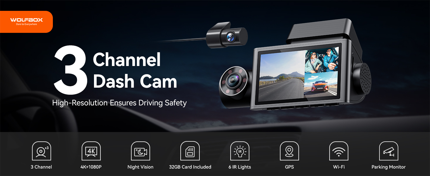 3 Channel Dash Cam Front and Rear Inside