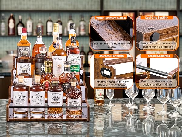 Waterproof wood wine rack with secure guardrails, integrated handles, and non-slip pads.