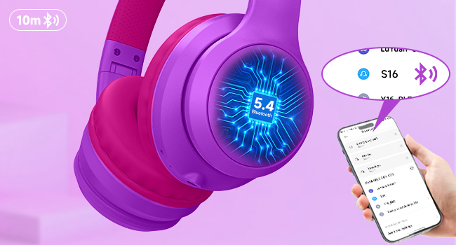 Bright pink and purple wireless headphones with illuminated blue LED display, shown alongside smartphone app interface for connectivity control.